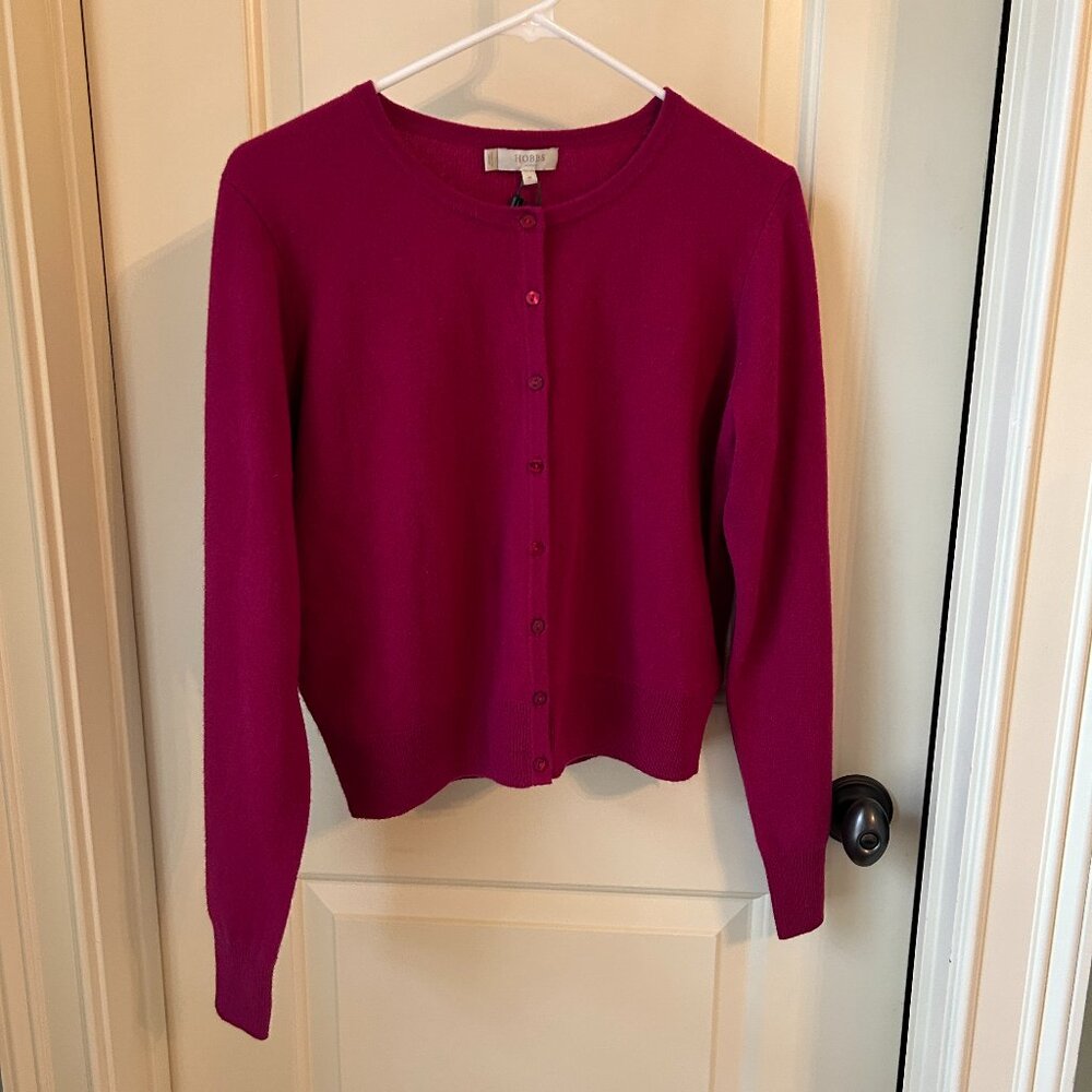 New Hobbs London 100% Cashmere Magenta Button-down Cardigan Size M